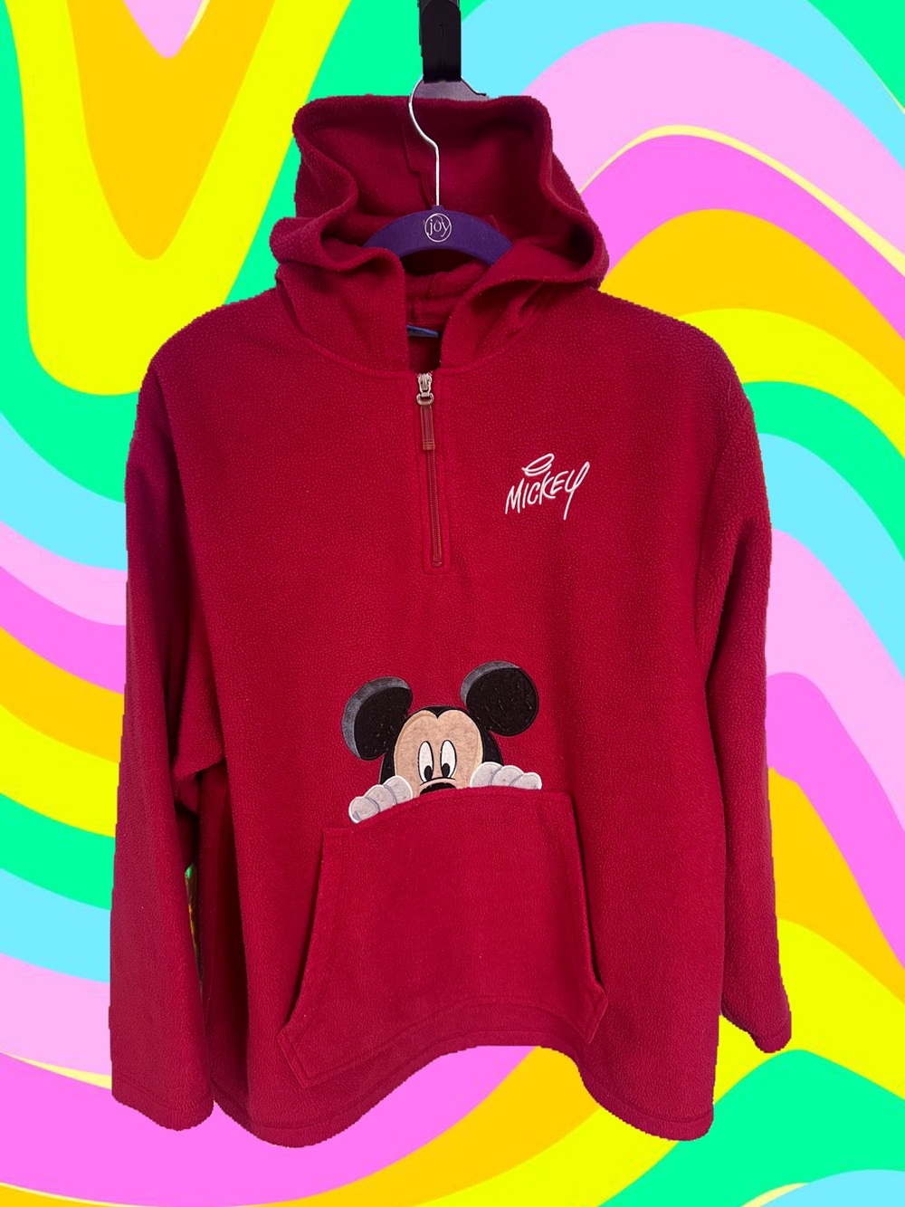 Cozy red fleece Mickey Mouse embroidered hoodie